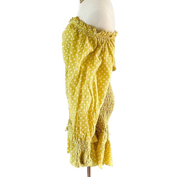 Alexis Marilena Smocked Polka Dot Off Shoulder Mini Dress yellow size large L - Picture 6 of 10